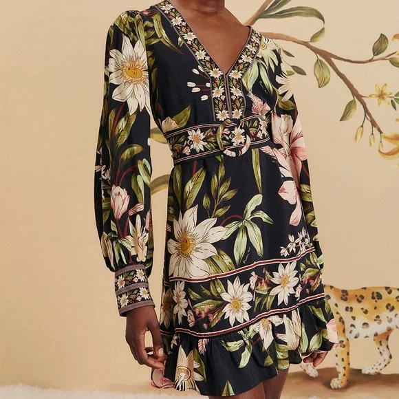 black surreal flowers long sleeve mini dress Long Sleeve Black Floral Dress